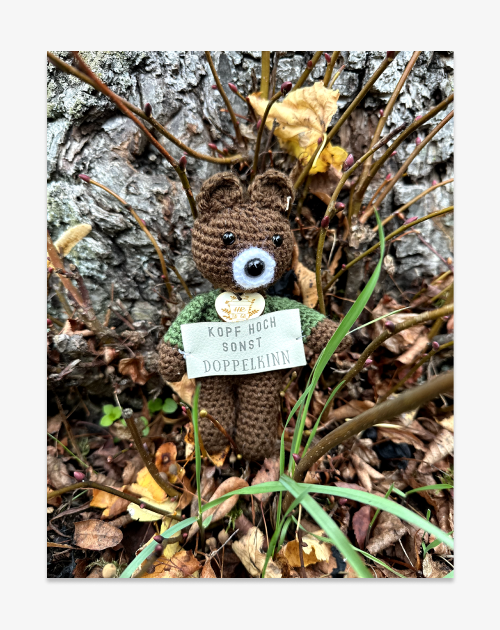 Handgefertigtes Bärchen – "Kopf hoch sonst Doppelkinn"